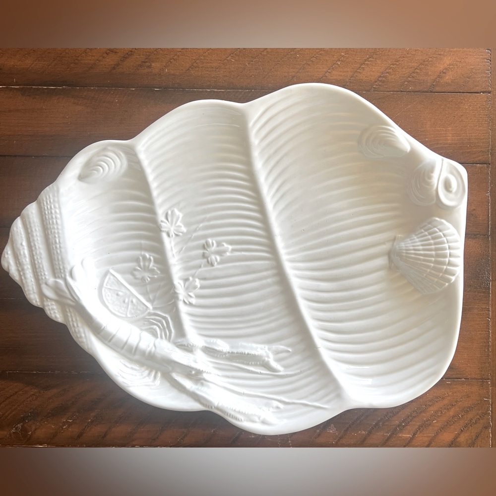 Vintage White Ceramic Conch Shell Seafood 18” x 13” Large Serving Platter